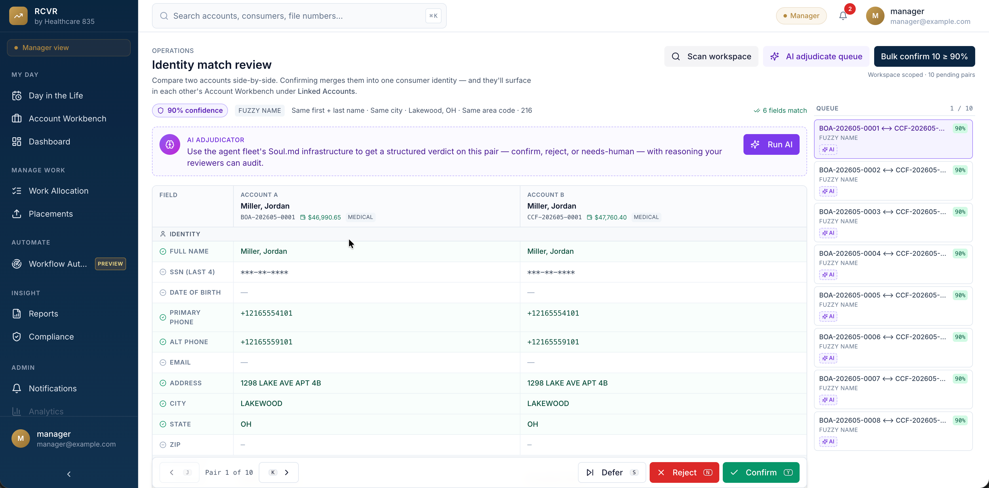 RCVR Identity Match Review showing side-by-side account comparison with AI confidence scoring