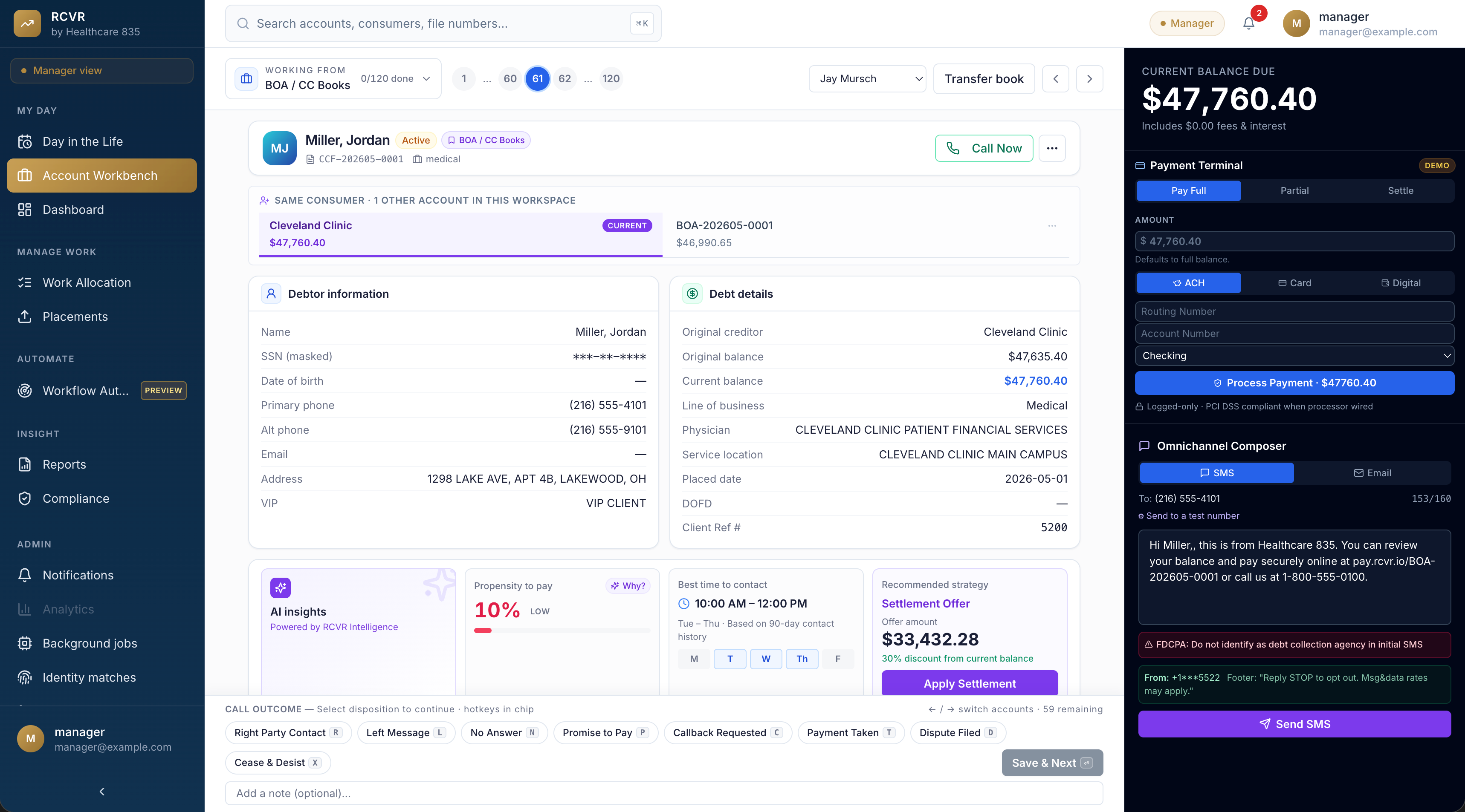 RCVR Account Workbench showing debtor info, AI insights, payment terminal, and omnichannel composer