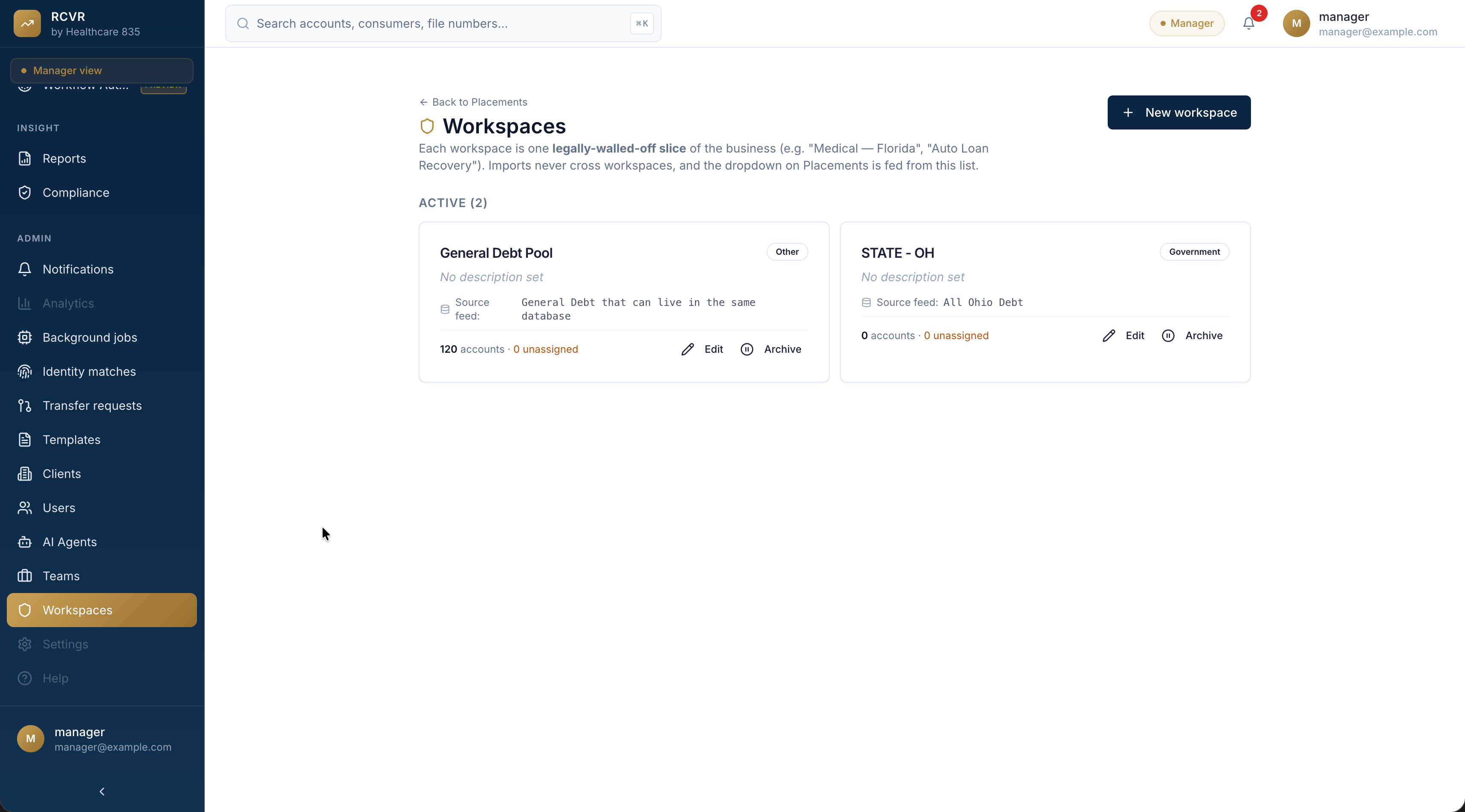 RCVR Workspaces showing legally segregated database slices by client and line of business